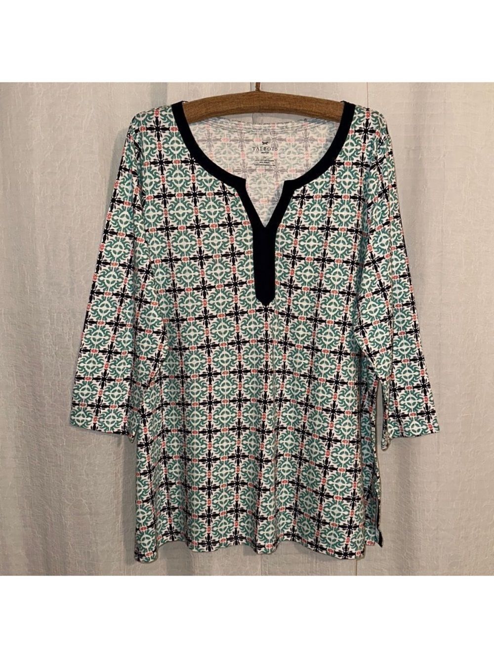 TALBOTS 2X Cotton Blend White Teal Coral Navy Quarter Sleeve Top Tunic